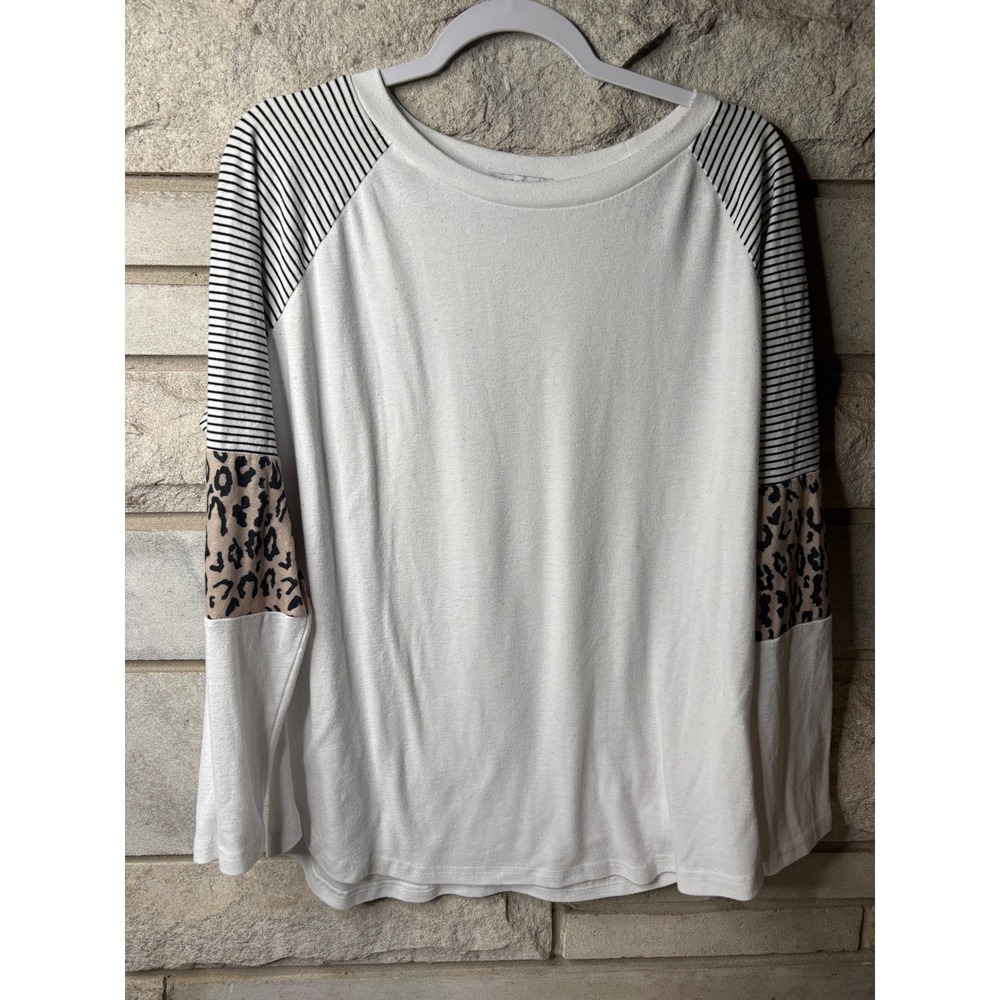 Harhay Womens XL White Colorblock Raglan Top‎ Striped Leopard Print Long Sleeve